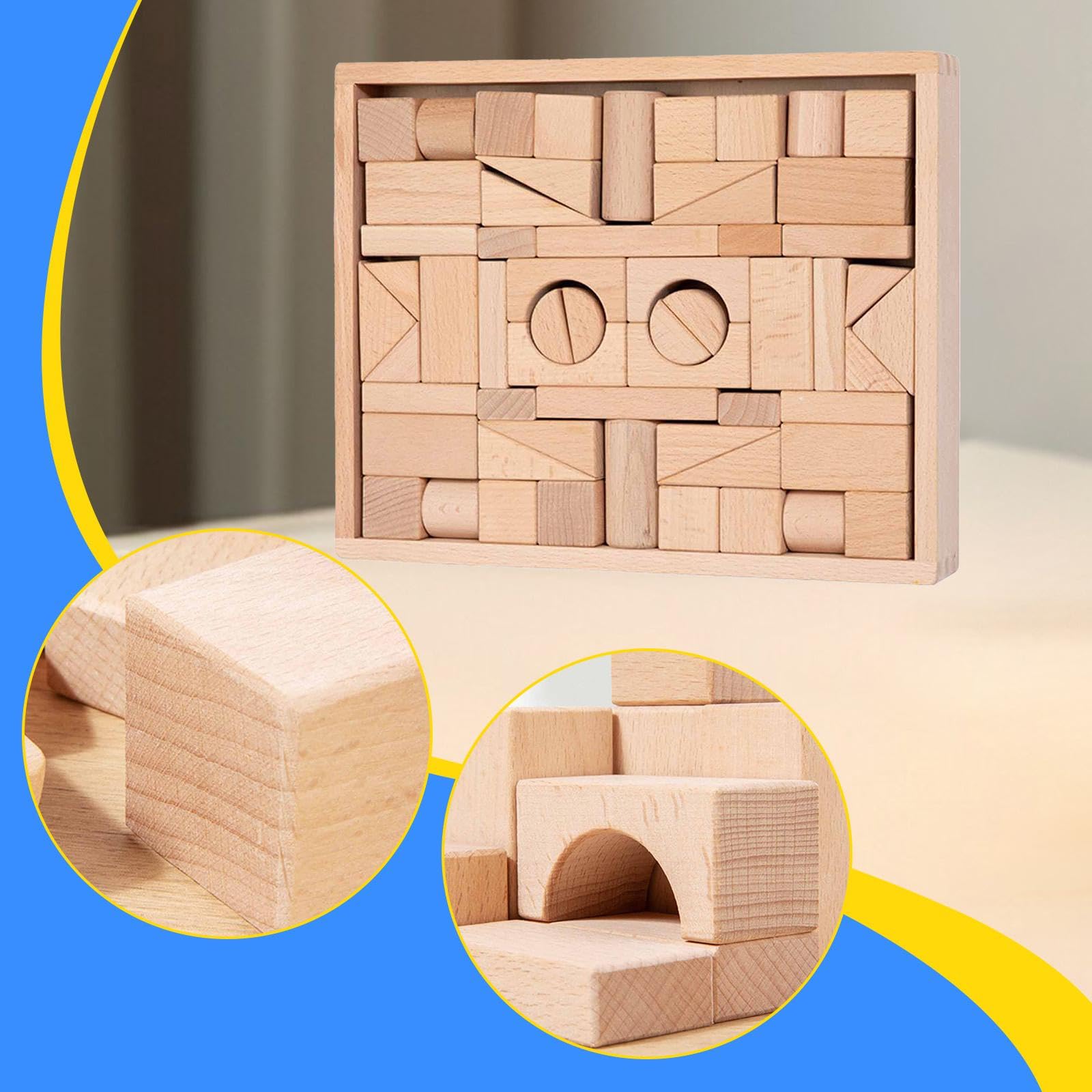 Almencla Bausteine Set Holzbausteine Lernspielzeug Bauklötze Kinder Kreativität Feinmotorik Funktion Stapelblöcke für Vorschule Klassenzimmer Eltern Kind Spiel, Holzfarbe