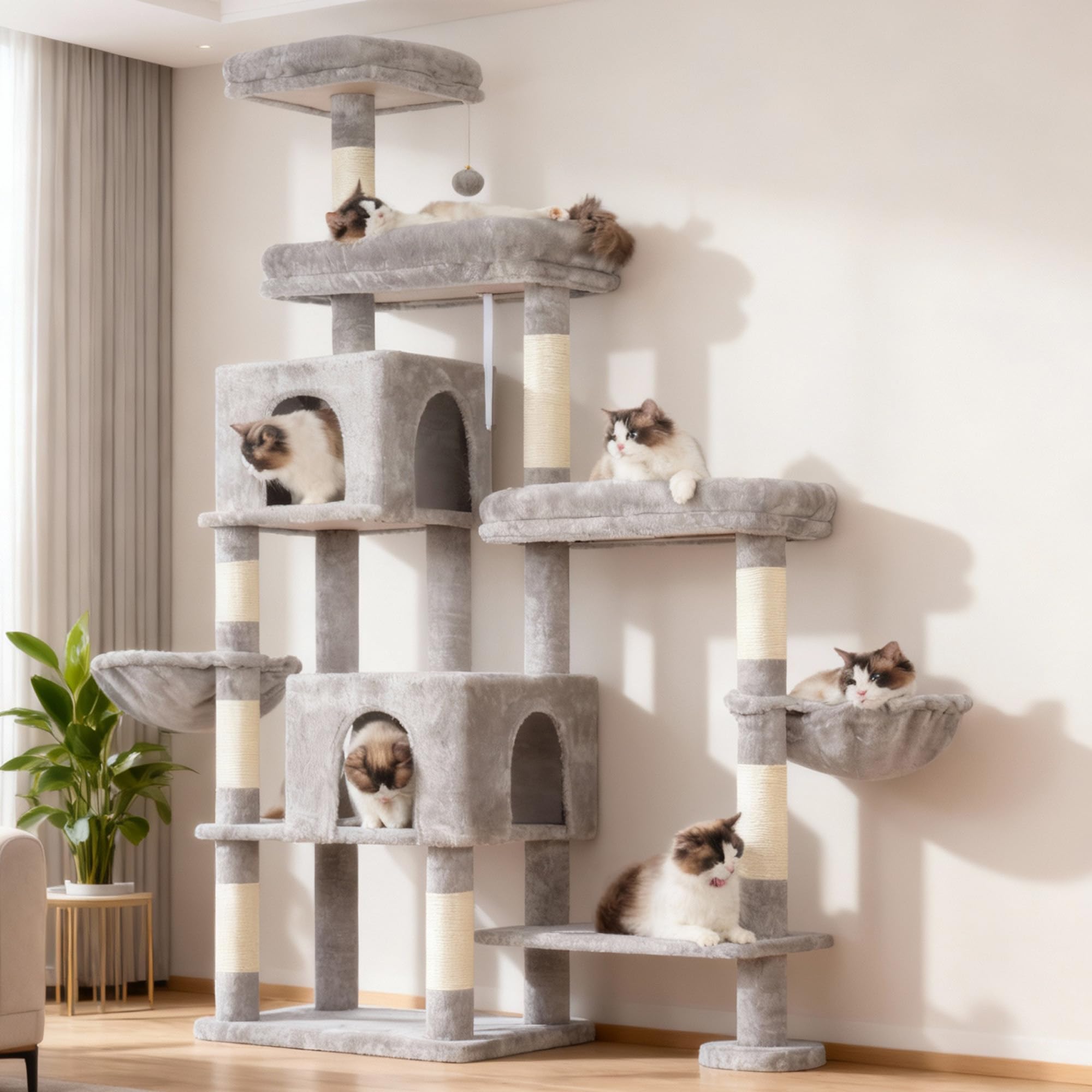 Hey-brother 180 cm XXL Kratzbaum, mit Erweiterung Platz, stabil, MPJ038W | Katzenbaum mit 3 gemütlichen Plattformen, 3 Grosse Höhle und 2 Korb, geeignet für Mehrkatzenhaushalte, Hellgrau