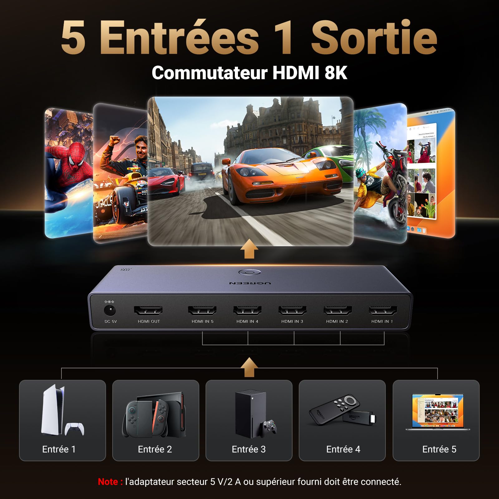 UGREEN Switch HDMI 8K 60Hz 5 Entrées 1 Sortie Commutateur HDMI 3D HDR10 VRR avec Télécommande Compatible avec PS5 PS4 Xbox One 360 TV Stick Box Chromecast Lecteur Blu Ray DVD HDTV Écran Projecteur