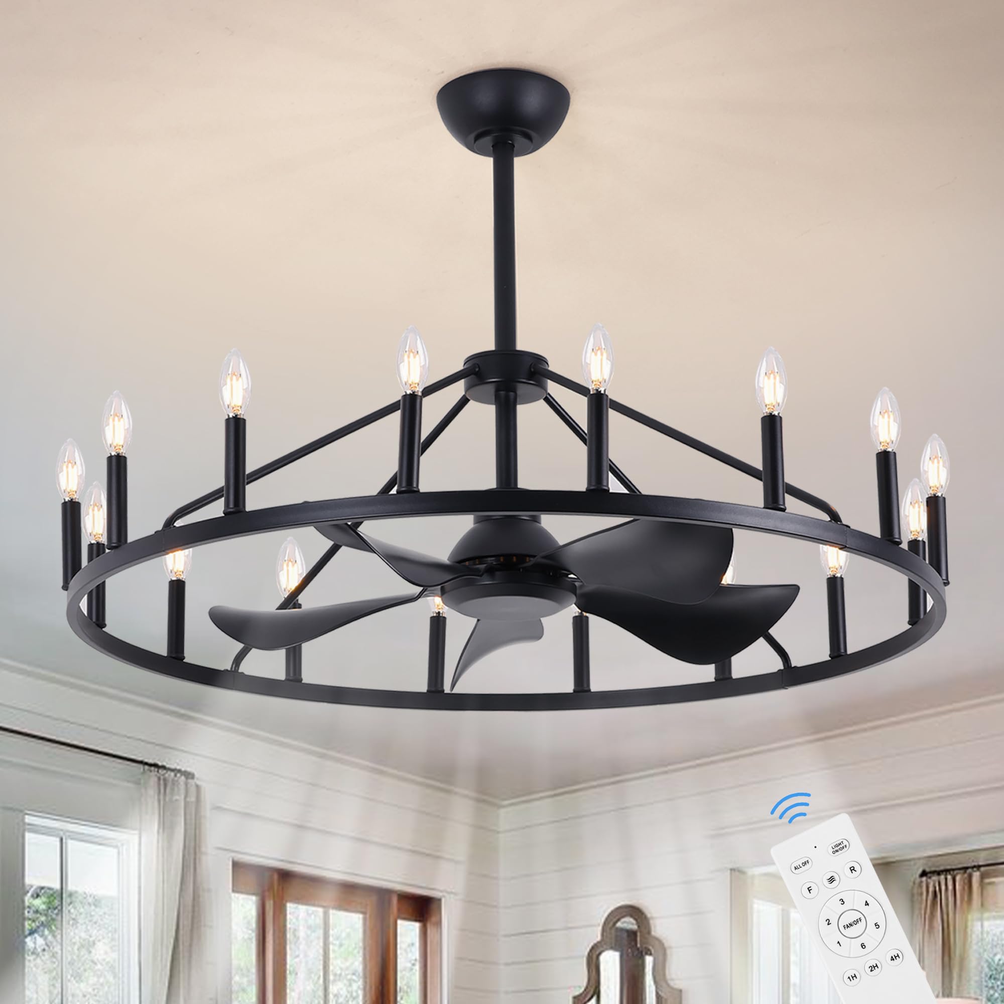 44" Large Ceiling Fans with Lights Wagon Wheel Chandelier Black, Farmhouse Fandelier Dining Room Light Fixture, 6 Speed, Timing, Adjustable Height for Dining Room Living Room