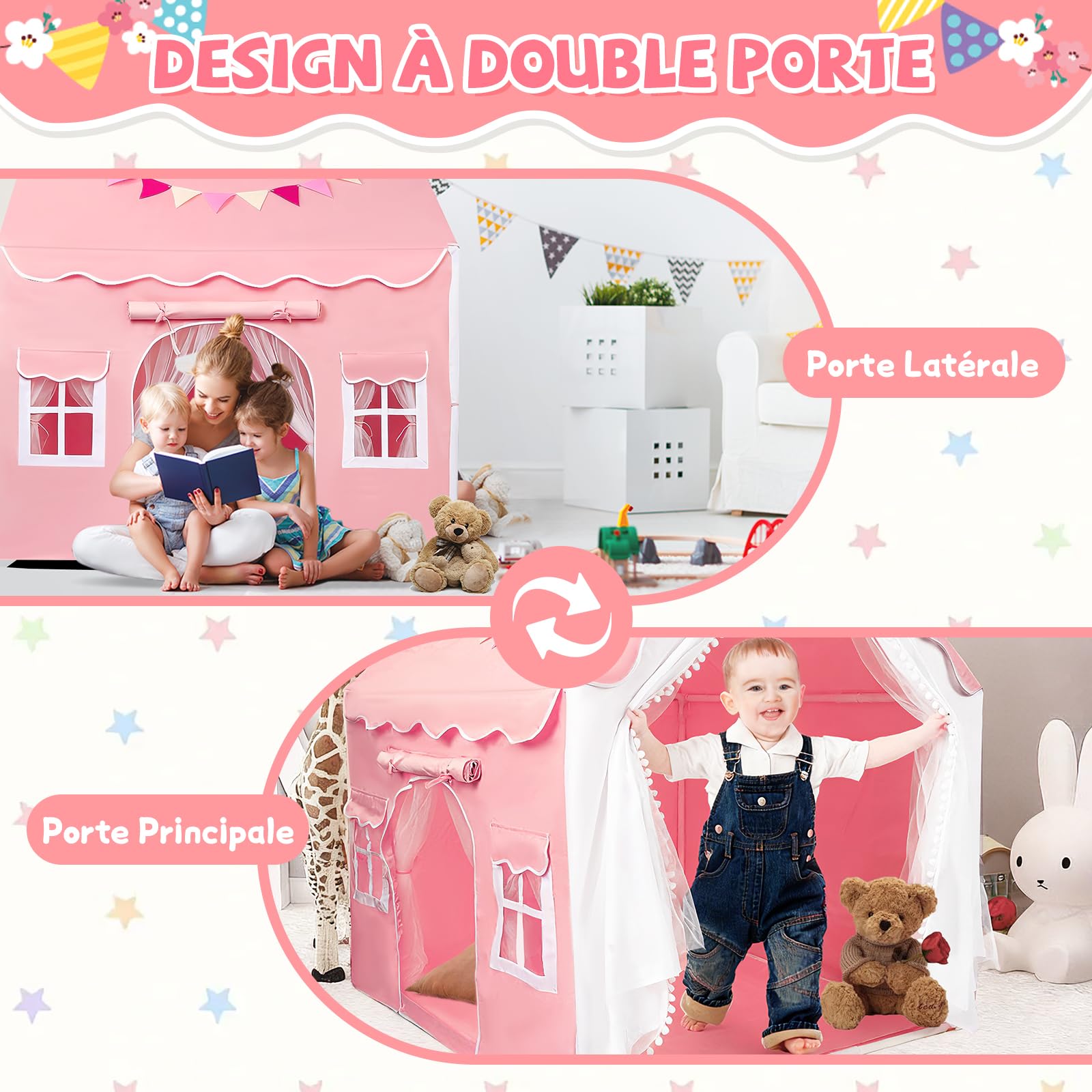 Herenear 2 en1 Tente Enfant Interieur, Cabane Enfant avec Lumières et Drapeaux, Tente de Lit Jeu, Idéal pour la Décoration de Chambre et Fête 120x100x127 CM (Rose)