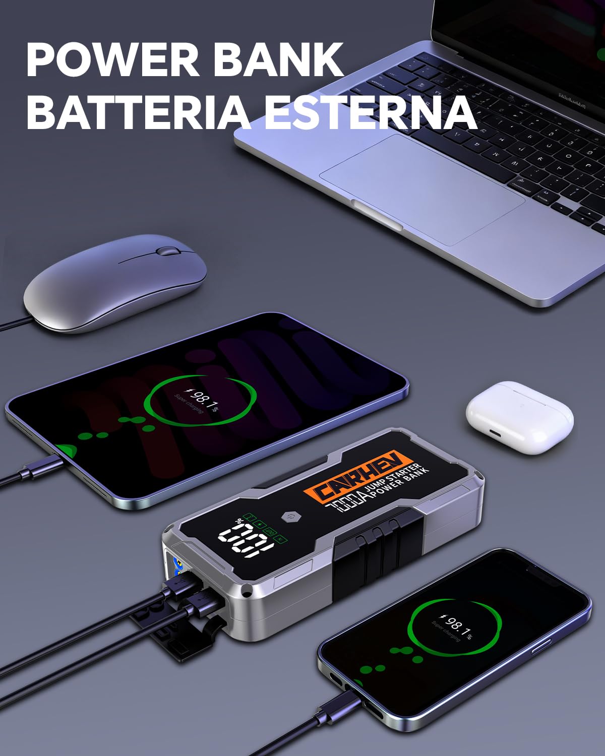 CARHEV Avviatore Batteria Auto, 7000A Booster Avviamento Auto (fino a 10.0L Benzina o 10.0L Diesel) Avviatore di Emergenza per Autos con Torcia a LED, 12V Starter Batteria con USB QC 3.0