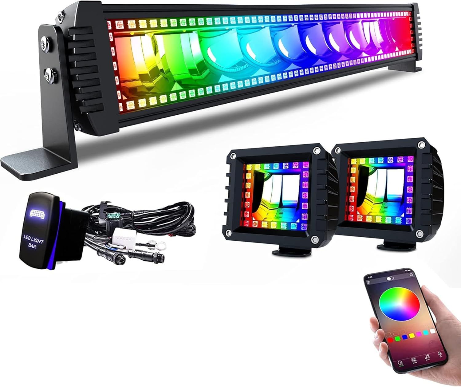 Lpteso RGBW LED Light Bar 22'' inch 120W Flood Spot Combo Beam 2PCS 4 Inch 18W Flood RGB LED Pods with 16 Solid Colors Chasing RGB Halo Ring Changing with Strobe Flashing with Rocker Switch Wiring