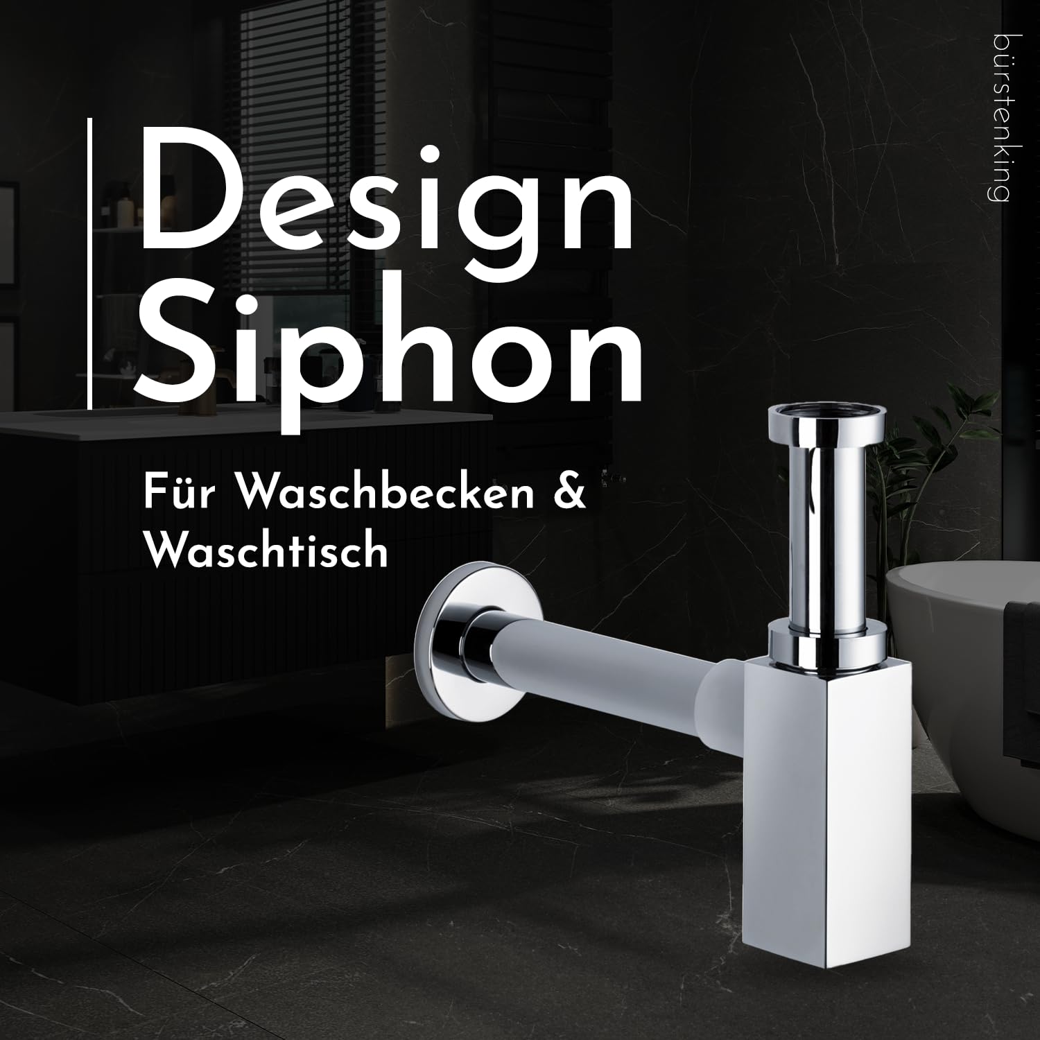 Design Siphon für Waschbecken & Waschtisch – Flaschensiphon Syphon 1 1/4" Universal – Geruchsverschluss mit Reinigungsöffnung – Massives Messing Abflussrohr, Eckig Chrom – Bürstenking