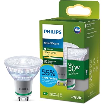 Philips LED Classic Ultra Efficient GU10 Lamp 50 W LED Spot with Warm White Light Energy Saving with Long Service Life Energy Efficiency Class A Clear [Energy Class A]