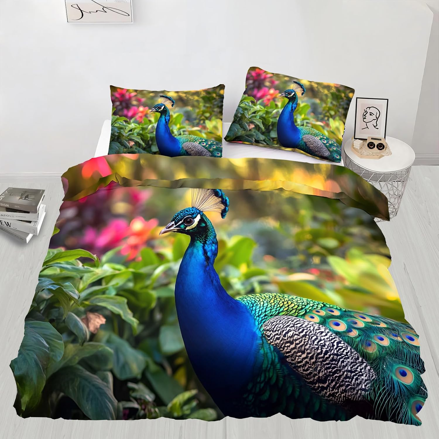 Peacock Duvet Cover, Animal Print Bedding Set Cover for Kids Boys Girls Teens, Reversible Floral Duvet Cover with Zipper Closure and 2 Pillow Shams, Twin Size 68"x90"