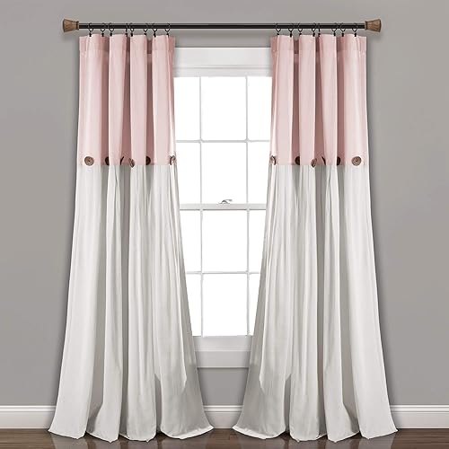 Lush Decor - Cortinas de lino con botones de estilo granja, panel individual, diseño plisado de dos tonos de 40pulgadas de ancho x 84pulgadas de