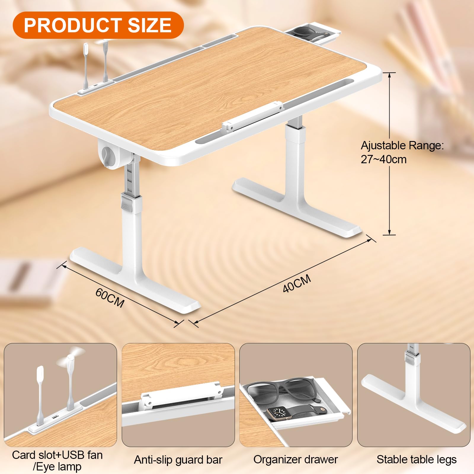 Huracan Plateau de Lits Pliable, Table Lit pour Ordinateur Portable, Réglable en Hauteur et Angle, Inclinable Support pc Portable Lit avec Tiroir/Lampe LED, Table pour Canapé/Sol (60x34cm, Noyer)