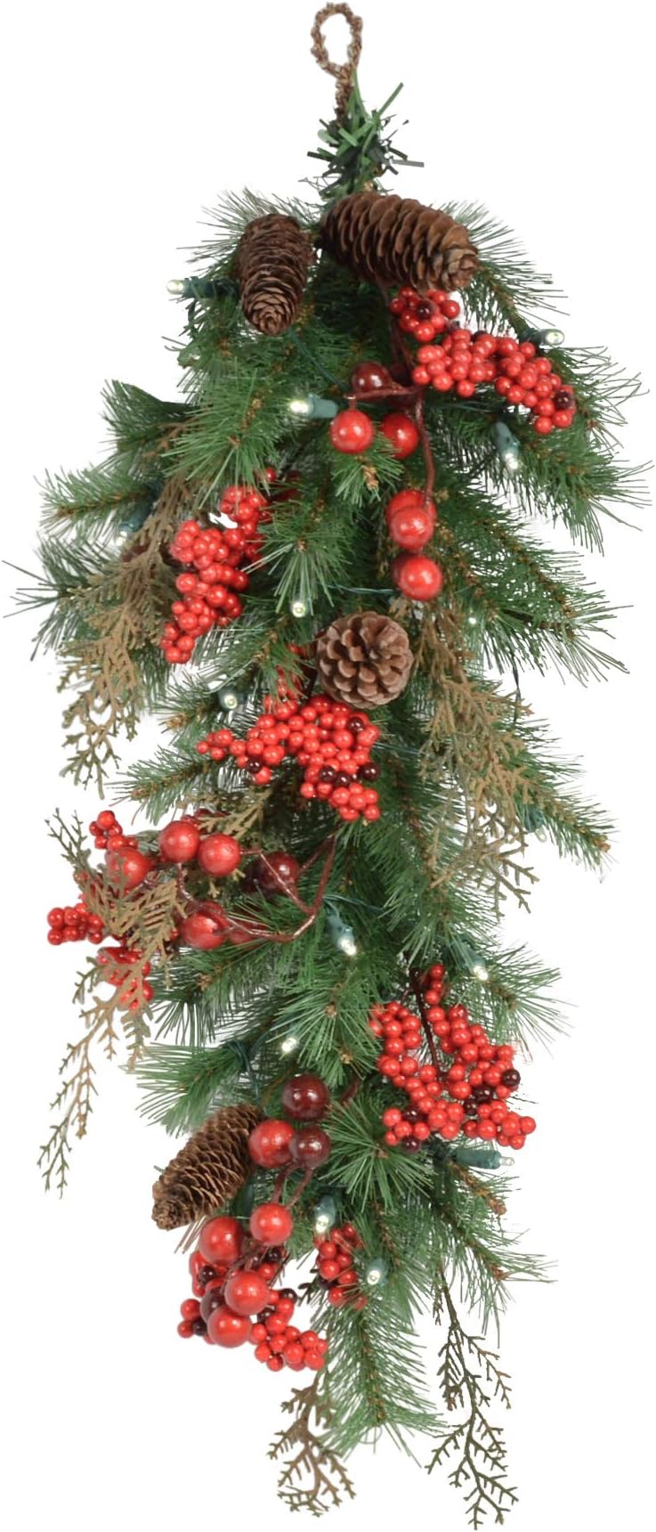 TenWaterloo 25 Inch Lighted Pine Christmas Swag with Pine Cones and Red Berries, Battery Operated with Timer, Front Door Lighted Teardrop Swag