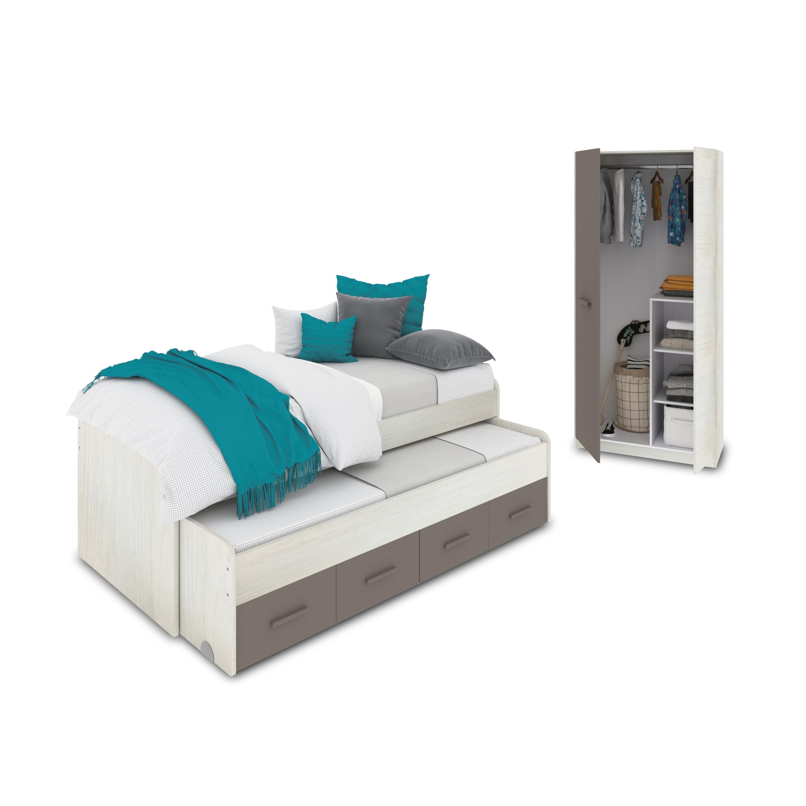 duehome | Pack de Dormitorio Juvenial con Cama Nido Juvenil y Armario, Conjunto de Dormitorio Infantil, Modelo Axim Plus, Acabado en Blanco Alpes y Basalto