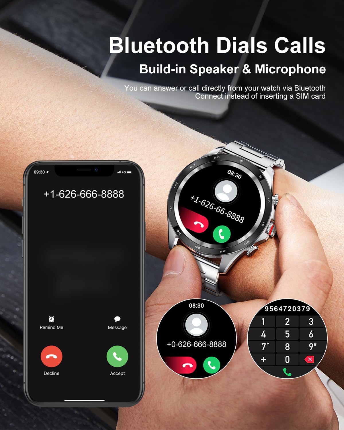 Smartwatch Uomo, con Chiamata Bluetooth e Risposta Vivavoce, Orologio Fitness Impermeabile con Cardiofrequenzimetro SpO2 Notifiche Messaggi Contapassi Cronometro Orologio Sportivo per Android iOS