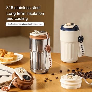 LED Temperature Display Coffee Mug, 15 oz Insulated Travel Mug with Leak-Proof Lid, Vacuum Stainless Steel Tumbler for Hot & Cold Drinks, Portable Water Bottle for Office, Car & Travel, Matte Black