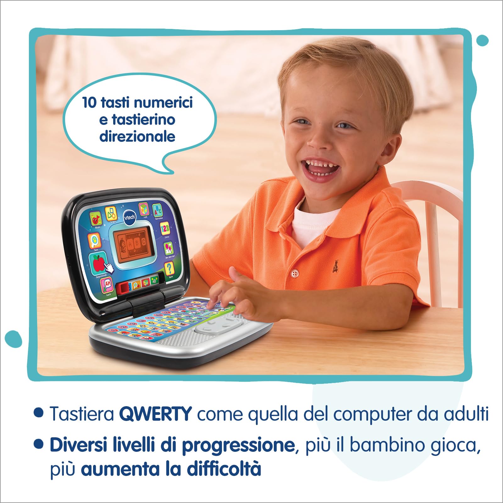 VTech Bit Smart Computer Nero, Computer Interattivo per Bambini, Computer con Mouse ed Effetti Luminosi, Comoda Maniglia, Gioco Bambino con Animali e Forme, Lingua Italiana, Batterie Incluse, 3-7 Anni