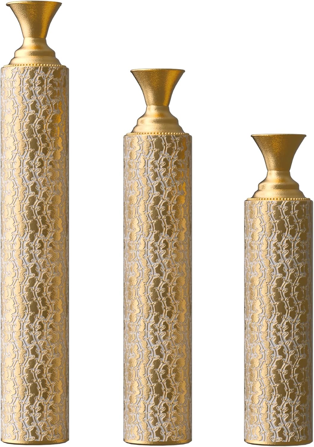 Metal Floor Vases Decorative, Set of 3 Flower Arrangement Stand, Metal Decorative Vase Tall Distressed Metallic Centerpiece Vases with Growing Vine Patterns, 34", 29", 25" H (Antique Gold1) - Image 3