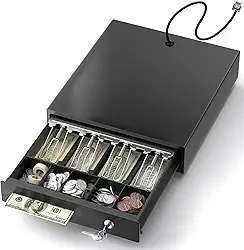 PYY Gaveta de dinheiro – Gaveta de caixa registradora eletrônica com 4 notas e 5 compartimentos para moedas com 2 chaves para trava e bandeja de dinheiro removível, gaveta de dinheiro aberta