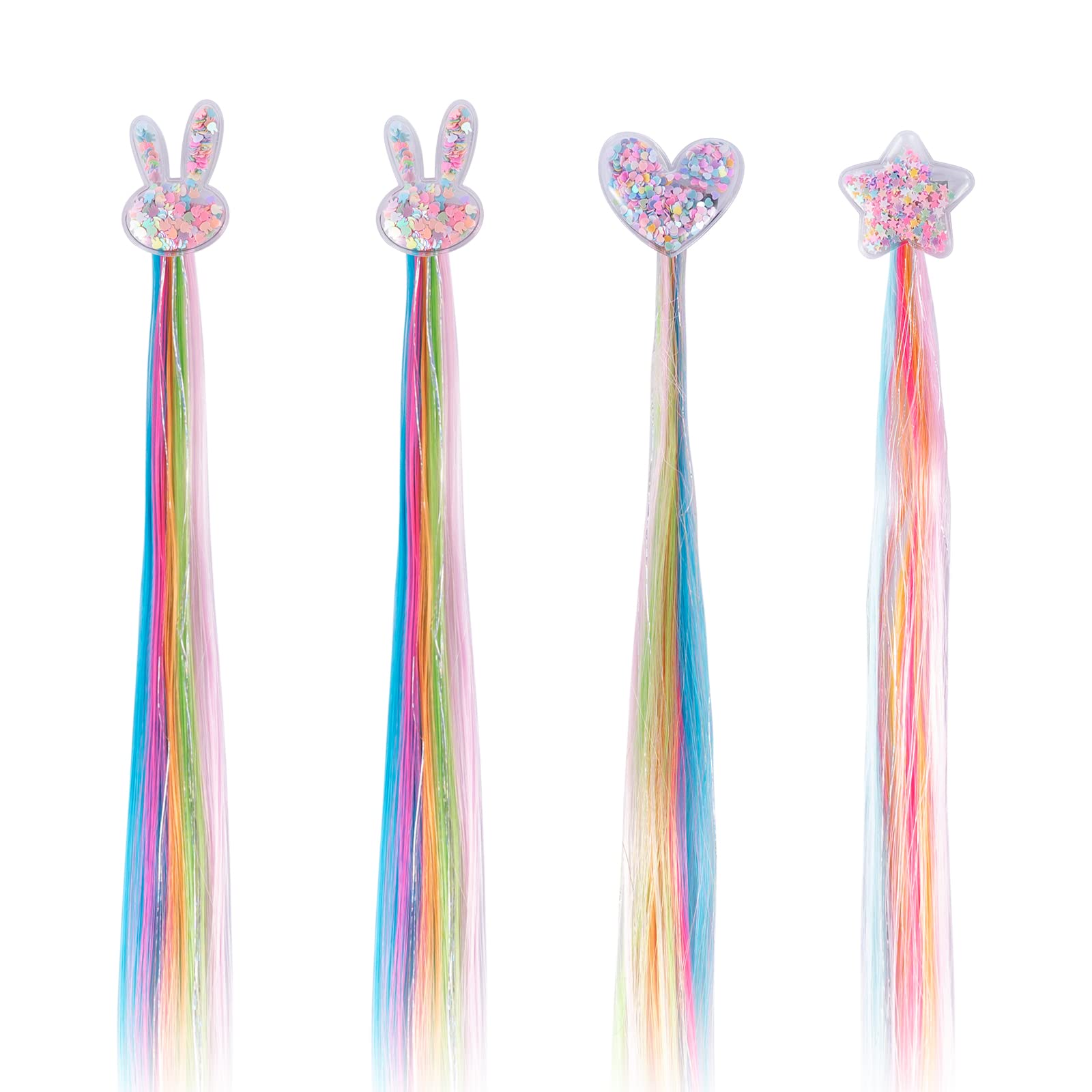 4 Set Colored Straight and Curly Hair Extensions with Clips, Cute Rabbit Star Accessories, Rainbow Thick Wig Bangs for Kids Ponytails Girls (Quicks Hair)