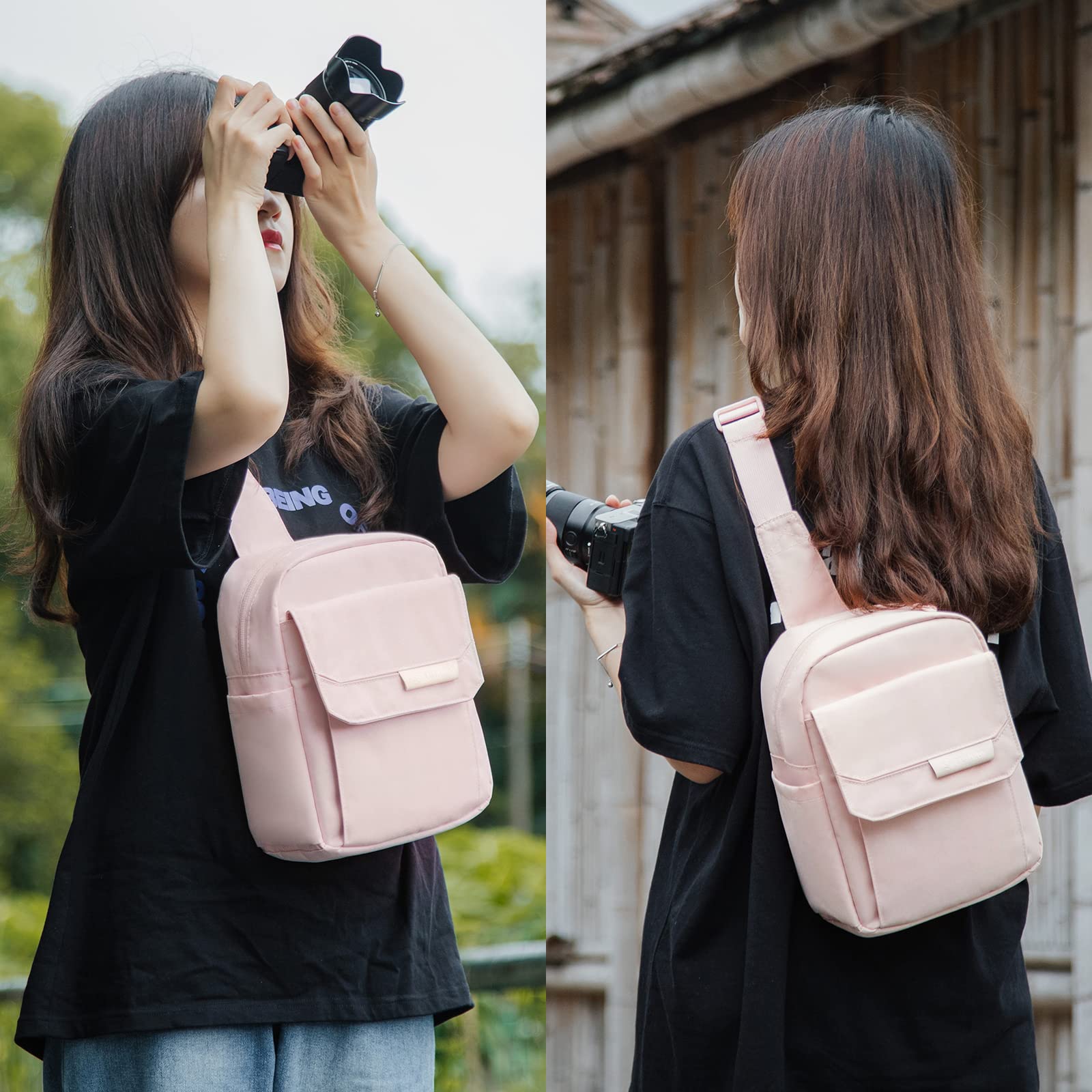 Tullio piccola borsa per fotocamera per fotografo borsa a tracolla su tela borsa per DSLR impermeabile compatibile con Nikon Sony per uomo e donna, Rosa, S, Borsa a tracolla