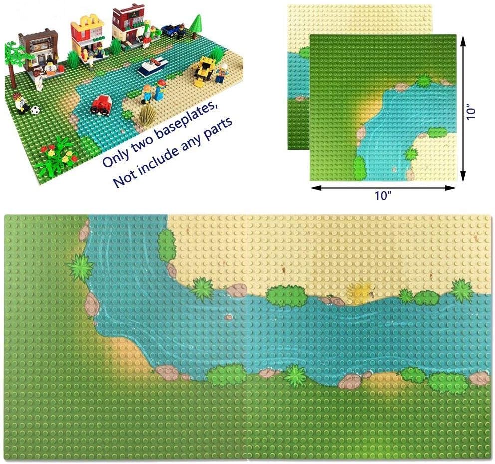 Grassland Rivers Pattern Baseplate 10" x 10" - Building Brick Base Plate Perfect Combination with Major Brands,for City Roads Building Blocks Kids Toy (1 Straight + 1 Curve)
