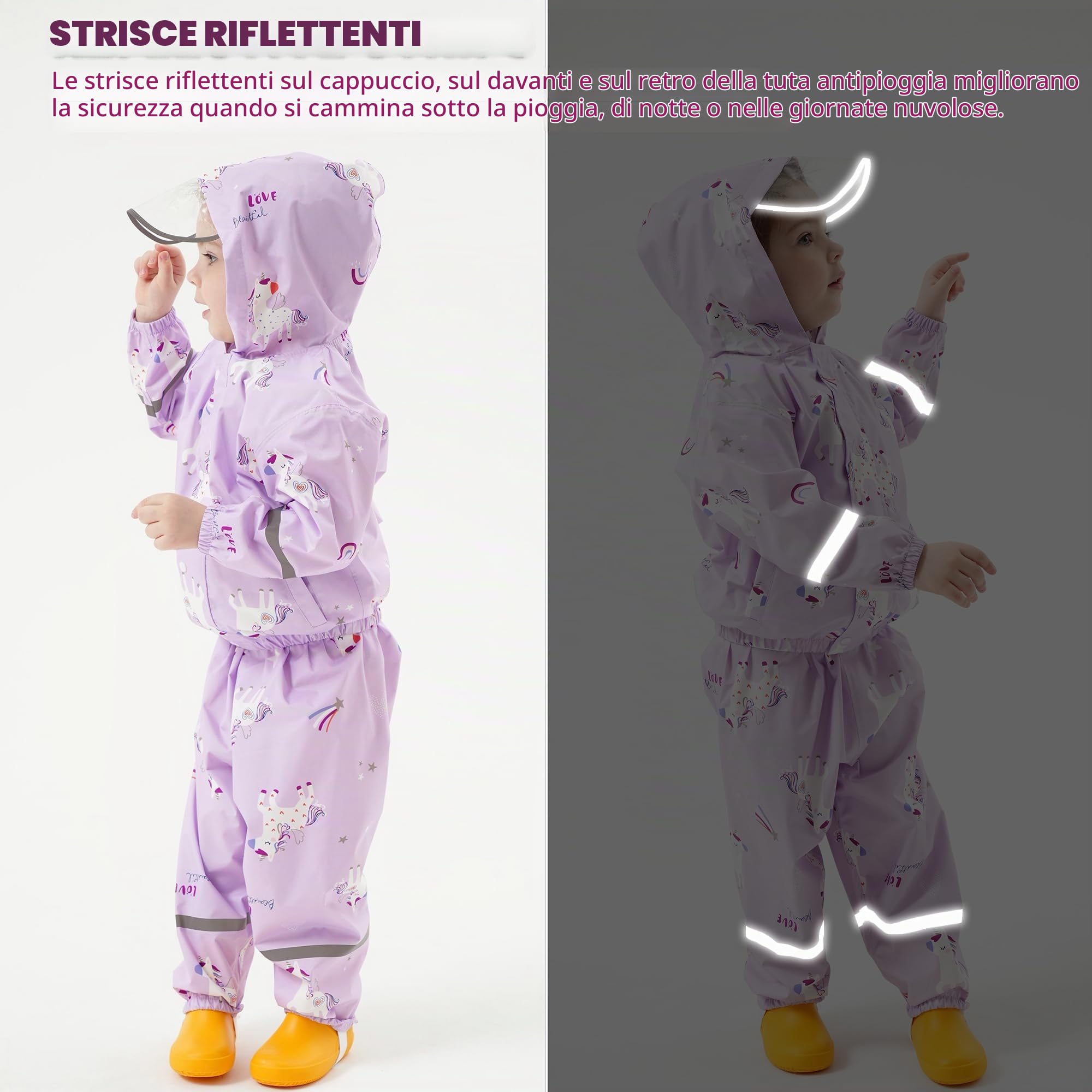 Fewlby Tuta Impermeabile Bambina - Giacca Antipioggia & Pantaloni Impermeabili 2 Pezzi Set, Tuta Pioggia Bambino Mantellina Impermeabile con cappuccio Pantaloni Antipioggia per 1-7 anni