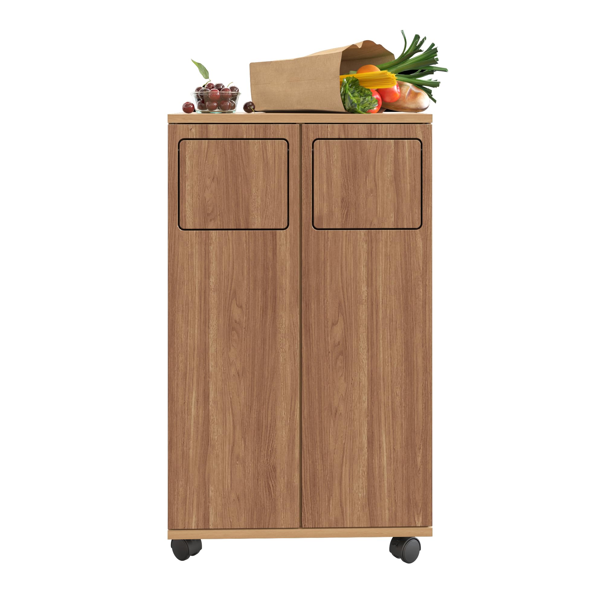 Mülleimer Schrank Küche, Mülleimer mit Rollen, Küchenschrank mit Mülltrennsystem, Mülltrennsystem 2 fach, Univeralschrank in Hellholz-Optik, Recyclingschrank (Naturholzfarbe, 46,7x35x80cm)