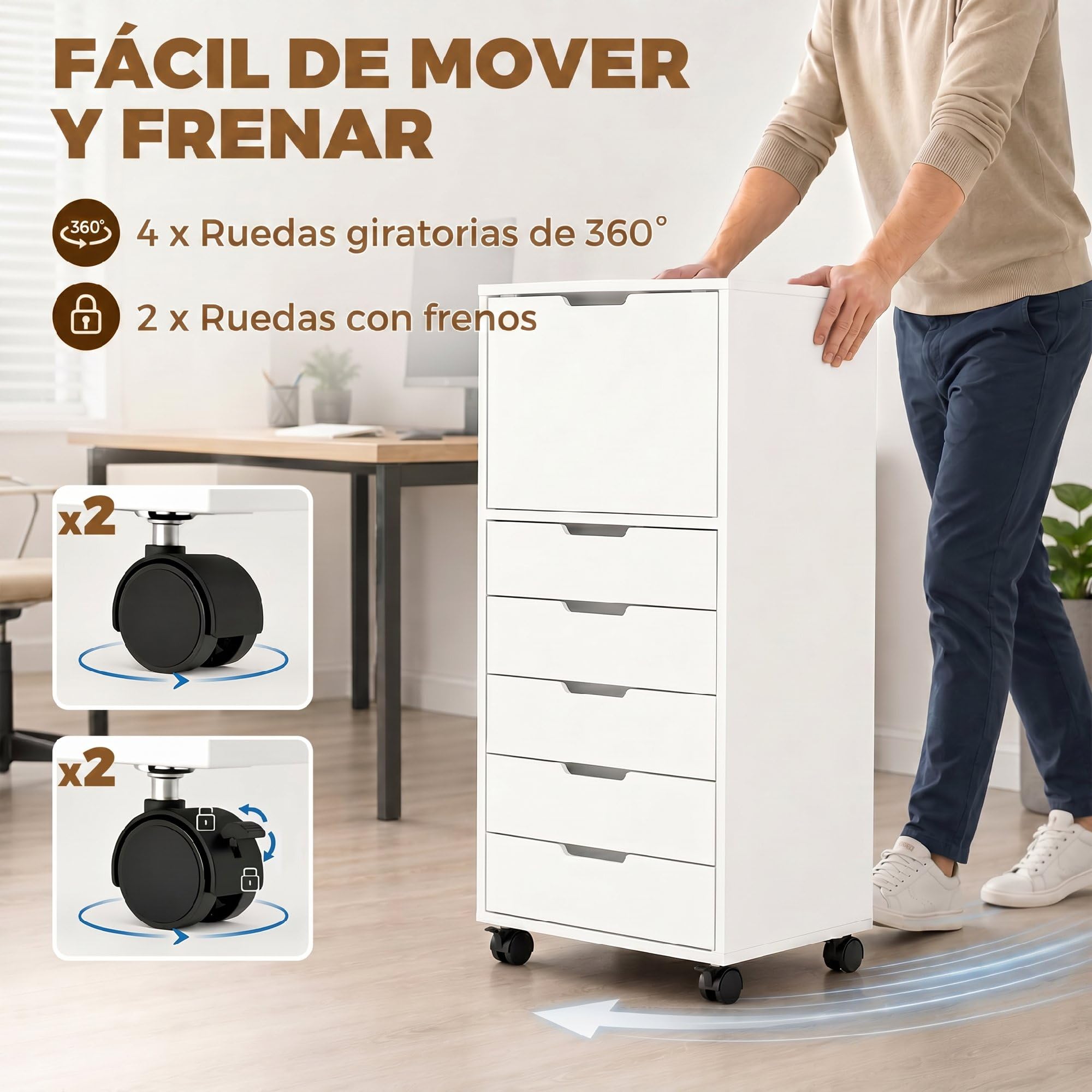 HOMCOM Cajonera Escritorio con 5 Cajones con Ruedas y Armario Blanco | Cajonera de Oficina, Cierre Suave, Soporte para Impresora, Mueble Archivador, para Oficina en Casa