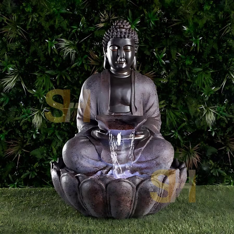 Swarnhouse Buddha Lotus Water Fountain with Light, 91 cm, Decorative Outdoor Garden Fountain for Home and Office 3 Feet (Multi Colour)