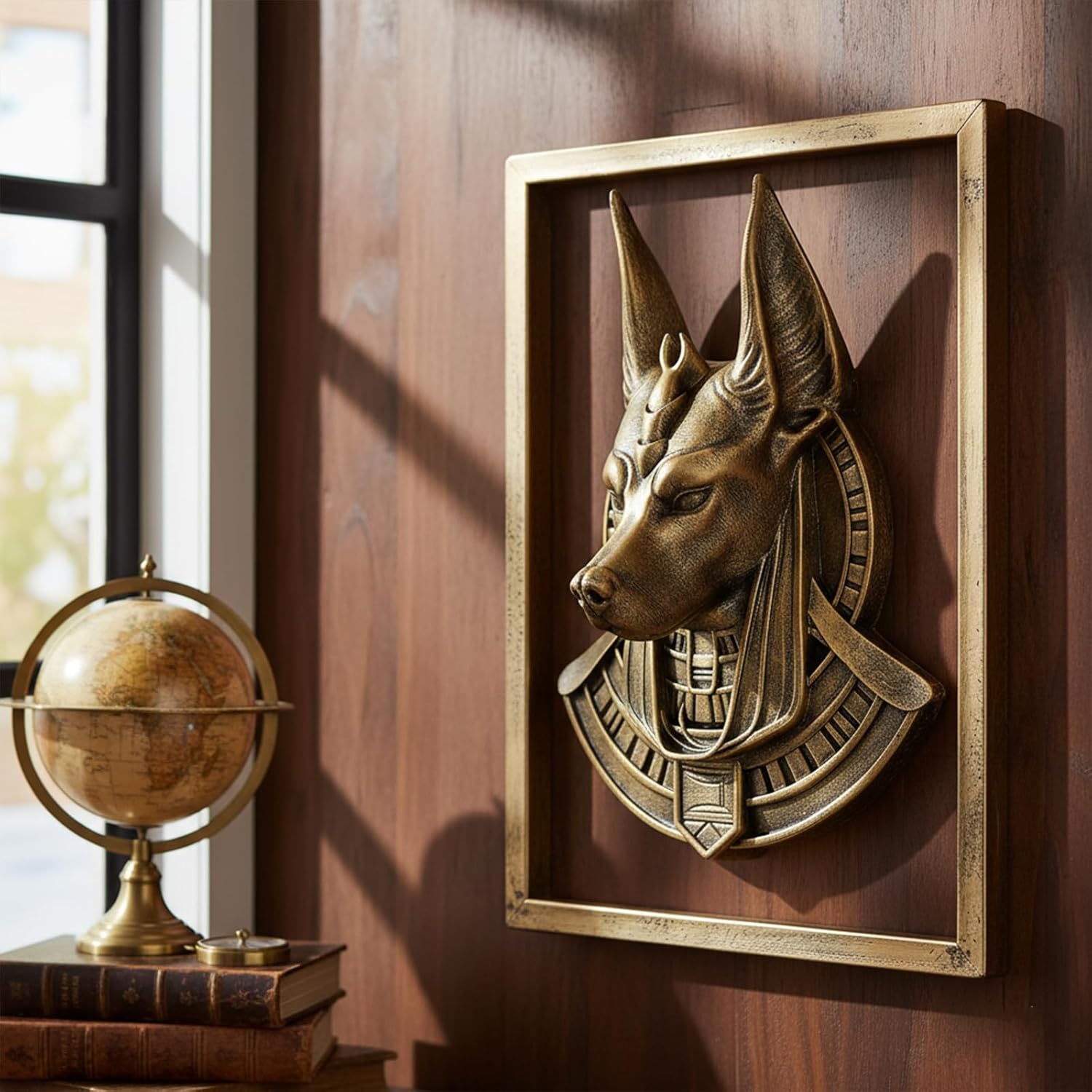 JJALIGHTS Animal Heads Wall Decor Anubis Resin Sculptures Anubis the Jackal-headed God Wall Hanging Decoration Imitation Copper vintage Wall Sculpture for Living Room Bedroom Office