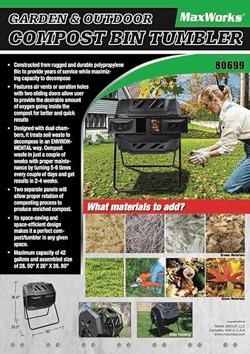 Miniatura 7 de MaxWorks 50891 - Contenedor de compostaje de doble cámara, 42 galones, incluye guantes