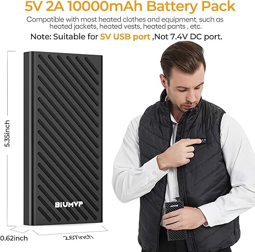 Miniatura 9 de Paquete de batería de chaleco calefactable, batería de 10000 mAh, 5 V 2 A, especialmente diseñada para chaqueta térmica, ropa térmica, abrigo
