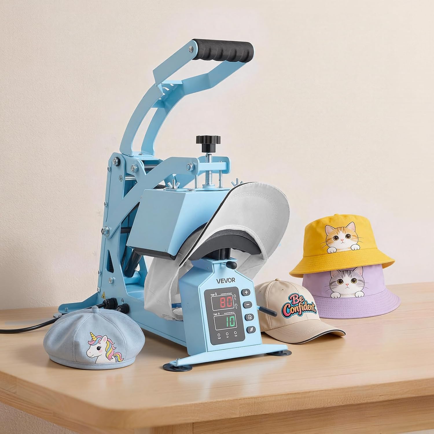 VEVOR Hat Heat Press Machine, with 4 Interchangeable Platens and Caps Stretcher, Precise Temperature & Time Control, Heat Press for Hats and Caps, for HTV Iron On and Sublimation Projects, Light Blue
