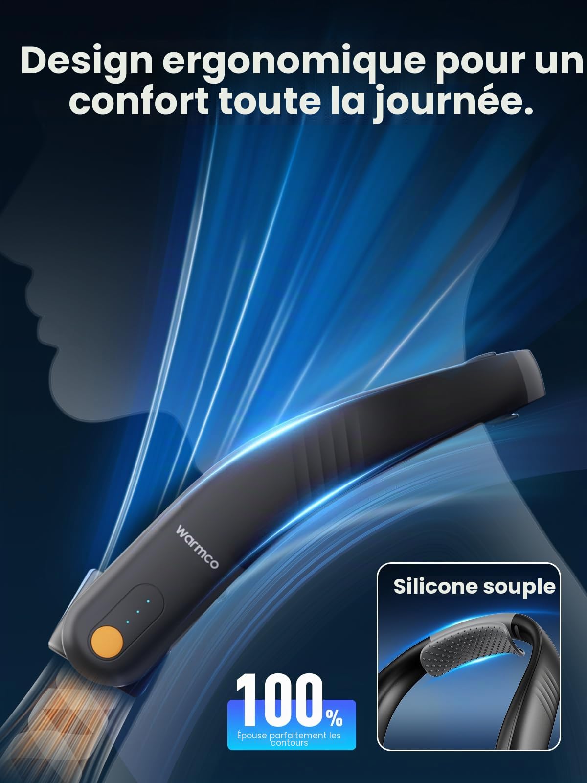 Warmco Ventilateur de cou portable rechargeable, 5200 mAh, fonctionne à piles, ventilateur portable mains libres, ventilateur personnel à 3 vitesses pour voyage, extérieur, maison, bureau, cadeaux