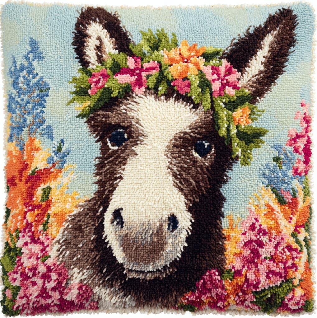 Wallustrioaw Latch Hook Pillowcase Cushion Kits,Animal Donkey,Latch Hook Kit Cushion Throw Pillow Embroidery Craft For Beginner Hobby & Craft,17X17in