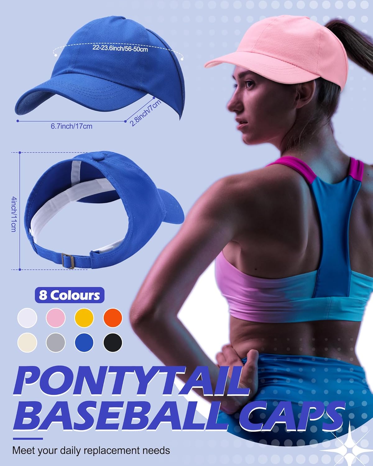 Jiuguva 8pcs Ponytail Hats for Women Backless Baseball Hats Adjustable Caps for Sun Visor Messy Bun Curly Hair