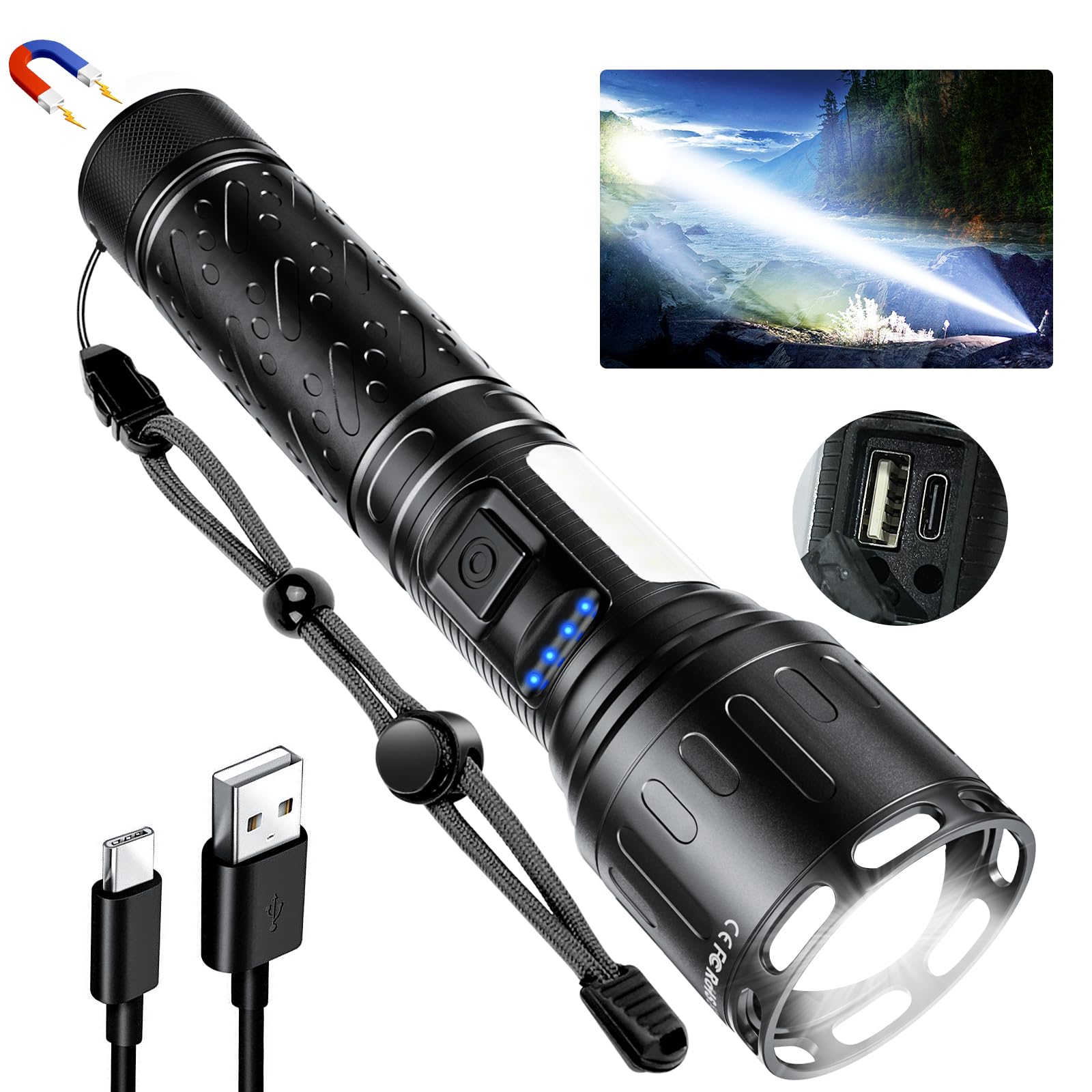 Flashlights High Lumens Rechargeable- Super Bright Tactical Magnetic LED Flash Light with 8 Modes,COB Work Light,Waterproof,Power Handheld Flashlight for Emergency,Hurricane,Hiking