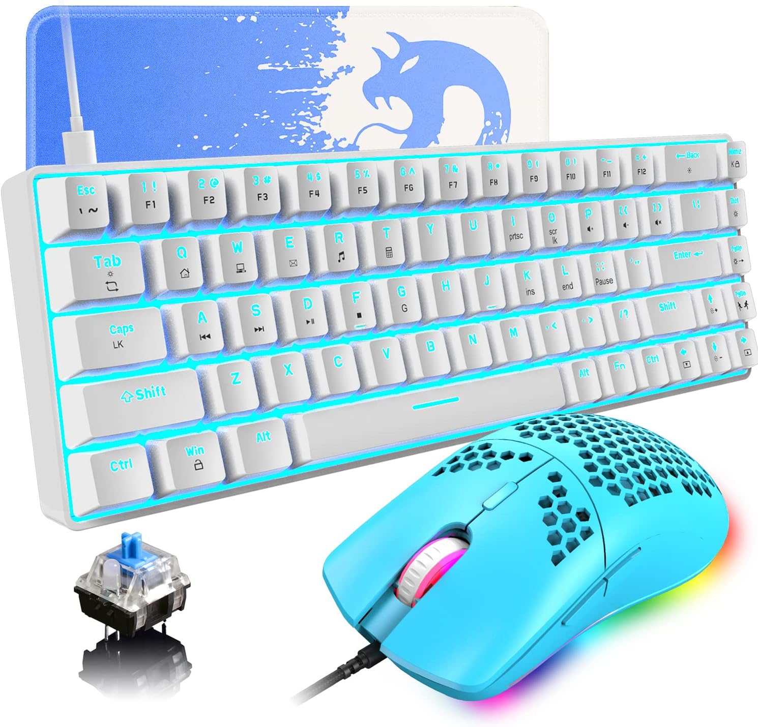 Keyboard and Mouse Gaming Set, 68 Keys Blue Switch 60 Mini Blue Backlit Mechanical