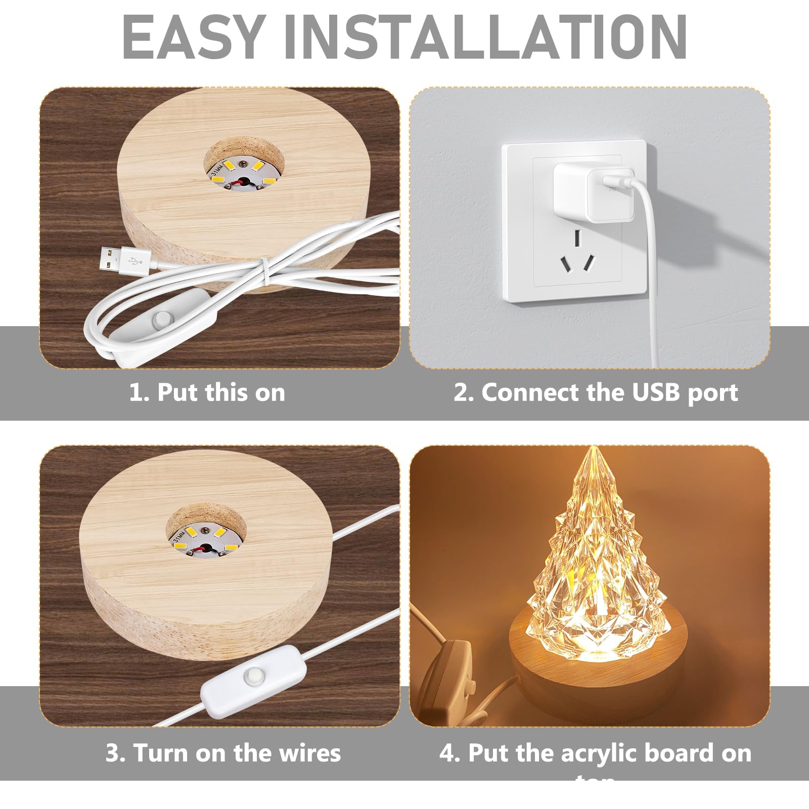 Lot De 6 Socles Lumineux LED En Bois - Ronds Et Rectangulaires USB Pour Présentation Cristal Et Acrylique