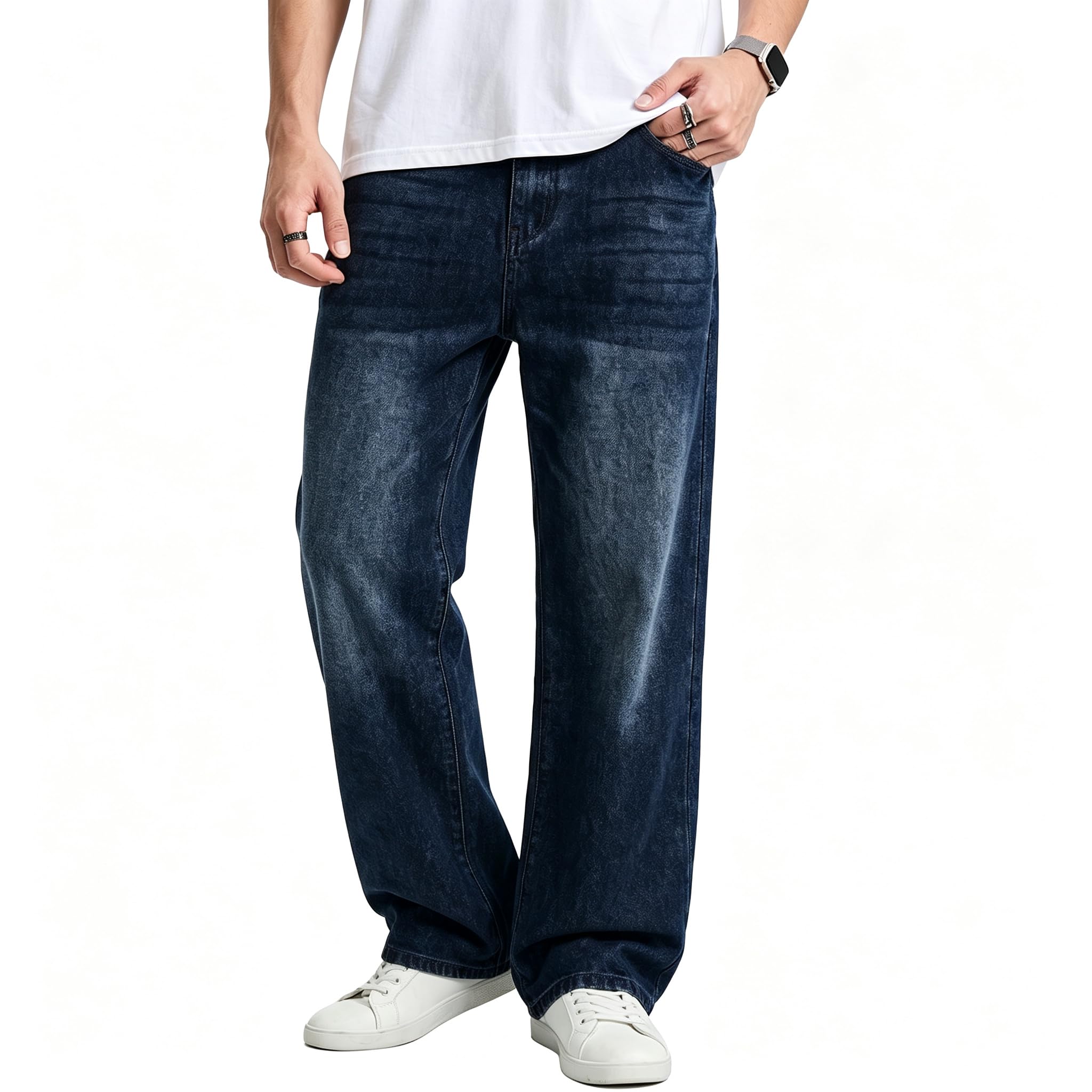 Men's Baggy Denim Pants Stretch Wide Leg Jeans