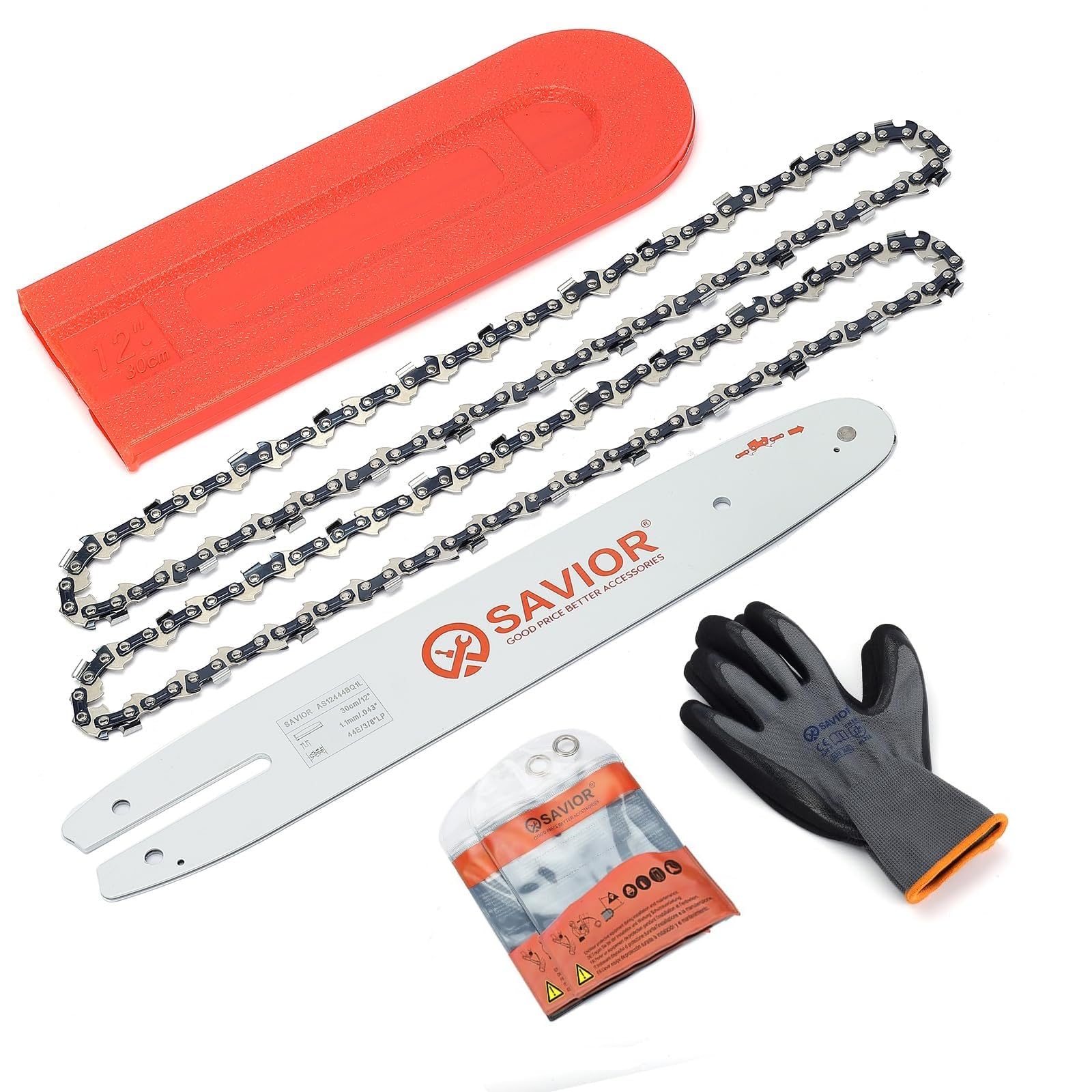 Savior - Cadena de motosierra (2 unidades, 3/8", LP 44 eslabones de 1,1 mm, compatible con Stihl MS170, MS171, MSE170C, incluye protector guía y guía de 30 cm)