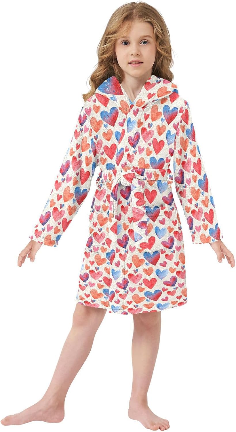 senya Blue Red Heart Toddler Hooded Bathrobe Kids Soft Plush Bath Towel Robes for Boys Girls 2-12 Years