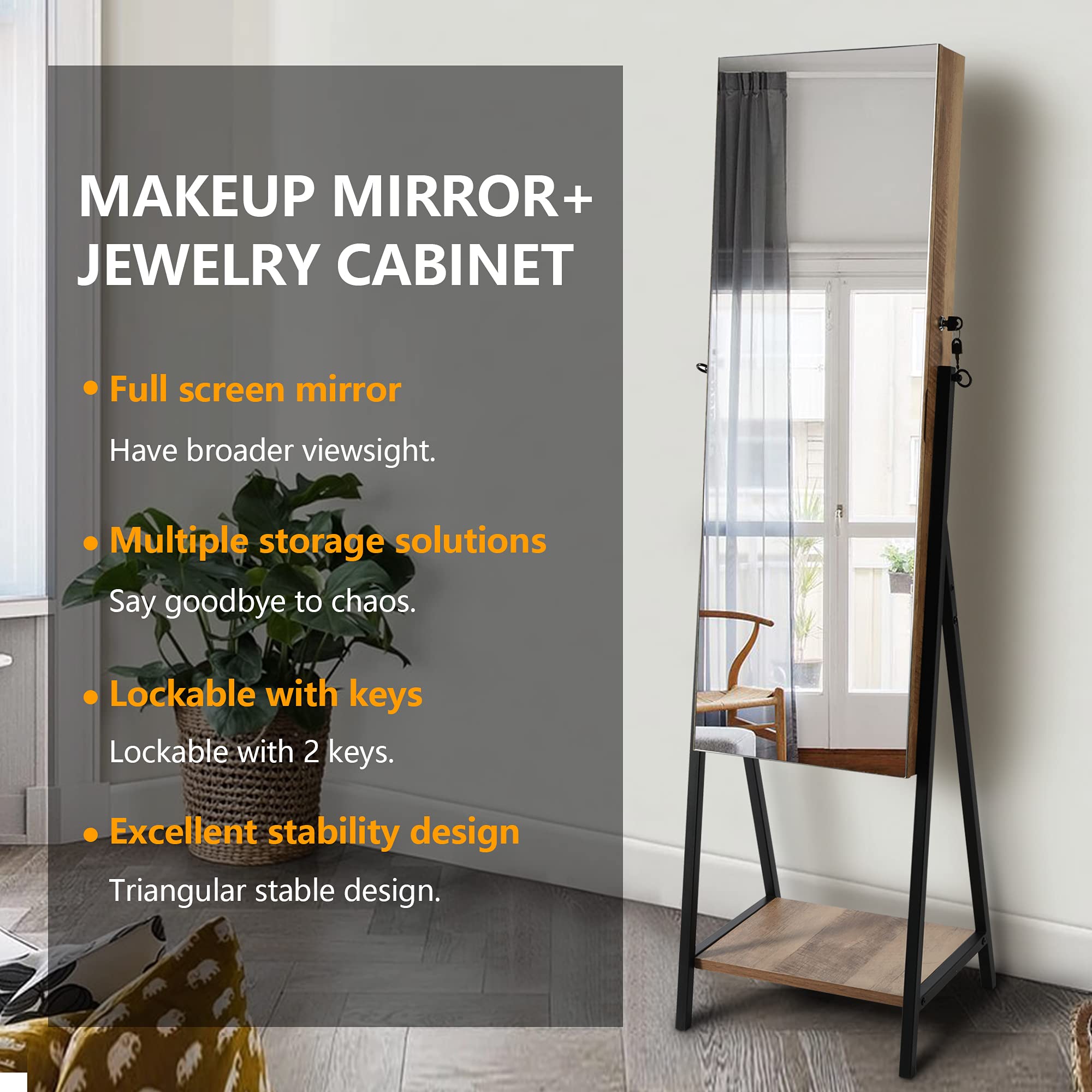 LVSOMT 6 LEDs Freestanding Jewelry Cabinet Armoire with Full-Length Floor Standing Mirror, Lockable Storage Organizer, Dressing Body Mirror, Large Capacity with Cosmetic Bags, Trays, Shelves (Wood)