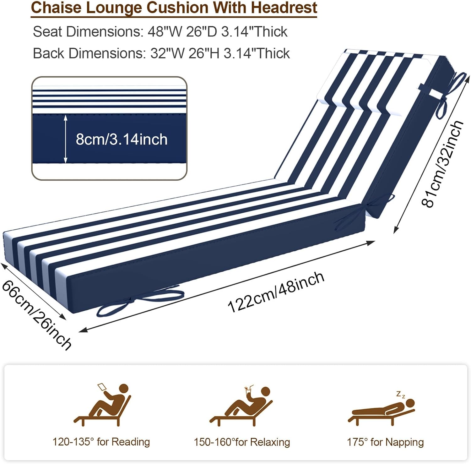 Chaise Lounge Cushion Waterproof Outdoor Lounge Chair Cushions Set of 2, Anti-Fading Patio Recliner Chairs Cushions with Ties for Garden Lawn Pool Resort (Blue & White Striped, 80 x 26x 3)