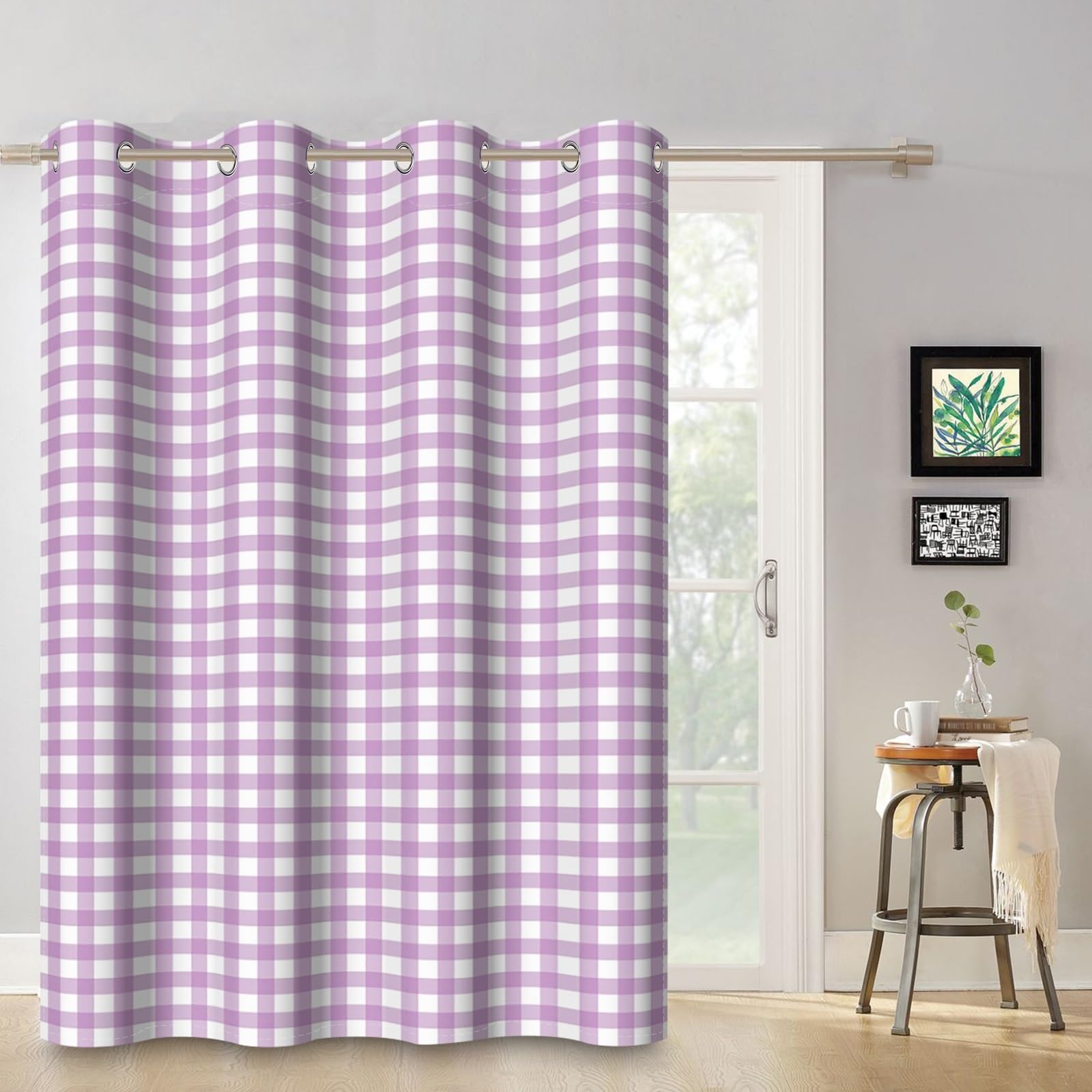 ggaimwf 135x175cm Plaid Eyelet Curtain Buffalo Check Light Purple and White Gingham Checkered Squares Pattern Farmhouse Thermal Grommet Blackout Window Drapes for Bedroom Living Room 1 Single Panel - Image 4