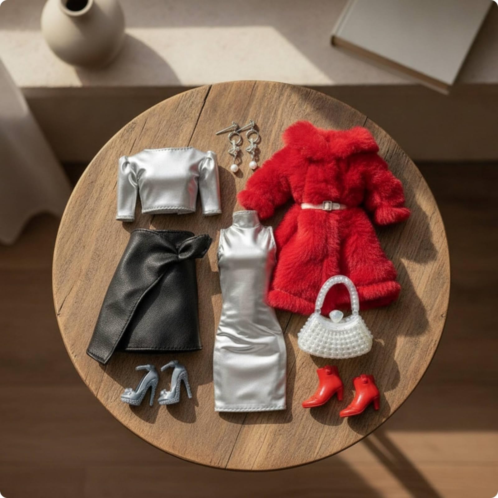 perfeclan Conjunto de Ropa para Muñeca BJD Miniatura Vestido Traje Accesorios Tela con Terminaciones Finas y Elementos Combinados Mejora la Escenografía de , Rojo, Negro