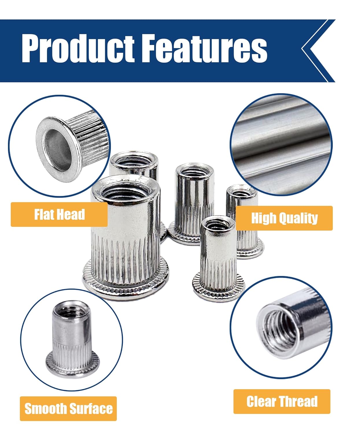 SAE Rivet Nut Assortment Kit 505Pcs 6-32 8-32 10-24,1/4-20, 3/8-16, 5/16-18,1/2-13 304 Stainless Steel Flat Head Threaded Rivet Insert Rivet Nuts