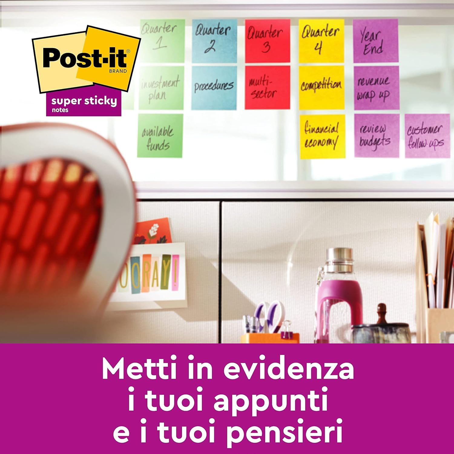 Post-it Super Sticky Foglietti Playful, 12 blocchetti 90 fogli, 47,6 mm x 47,6 mm, Rosso, Arancio, Giallo, Verde, Azzurro, Viola