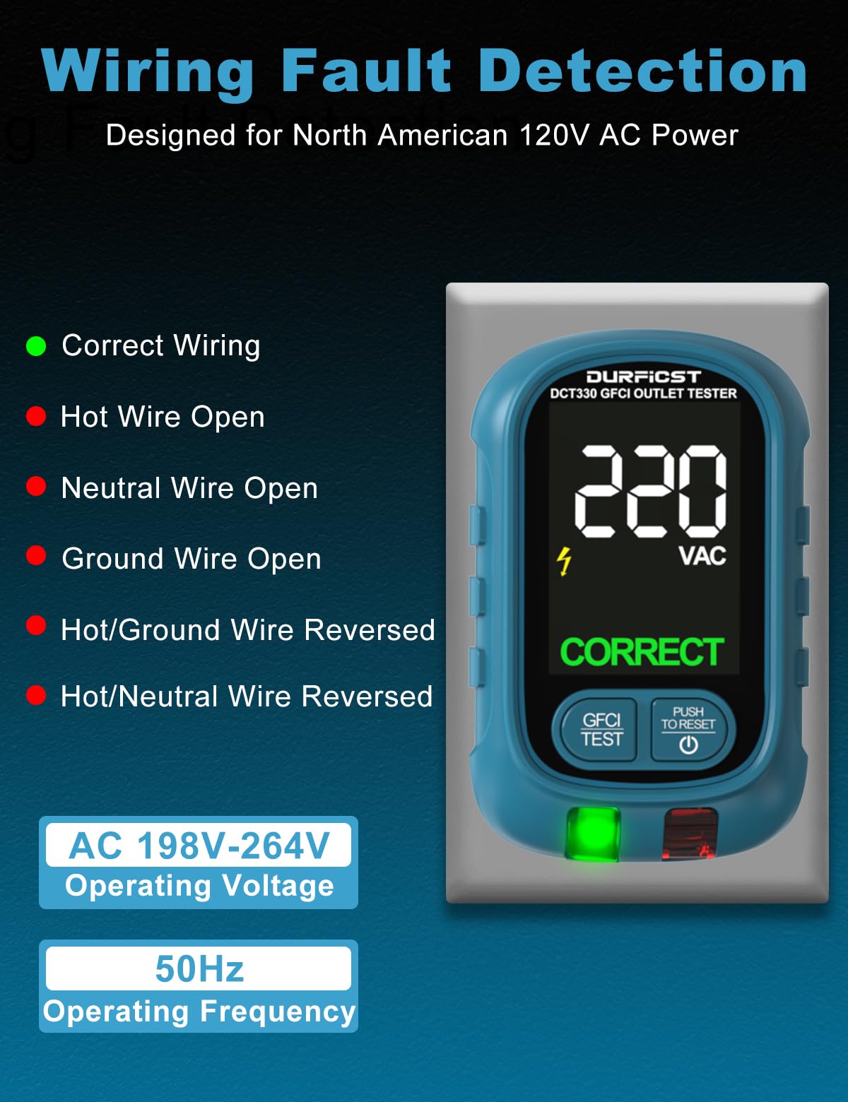 DURFICST Cerca Interruttori Automatici Tester per Prese GFCI/RCD | Rilevatore di Cavi NCV 198-264V con Doppio Display LCD Allarme Acustico per Casa/Officina