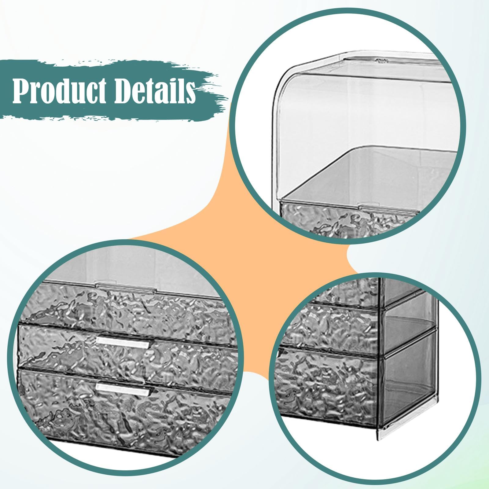 Organizador de Maquillaje Estuche de Almacenamiento Cosmético con Tapa Y Cajones para Mostrador Material Pet Transparente Protección de Maquillaje Ade, Gris, con Tapa