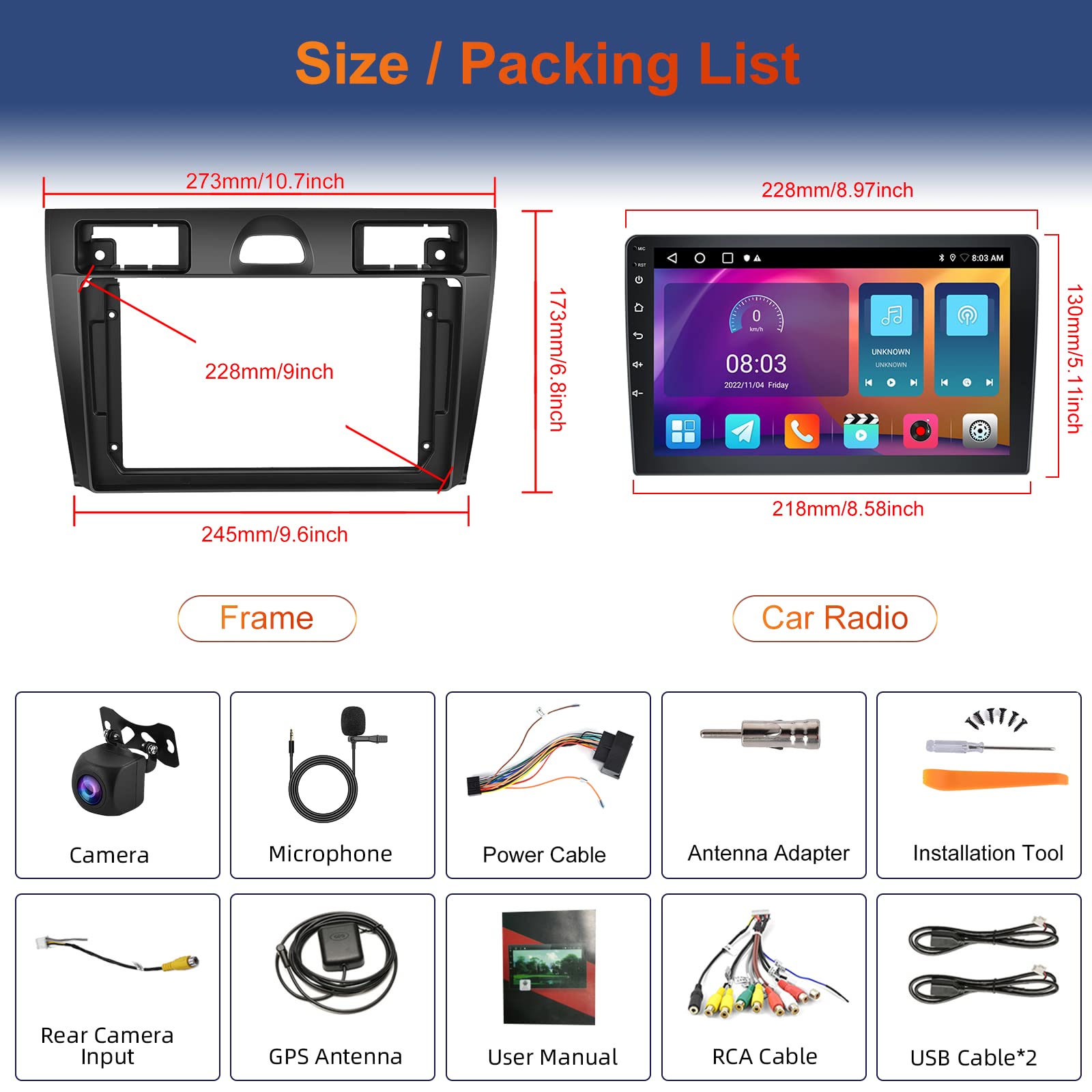 Hodozzy 2GB 64GB Android Radio para Ford Fiesta 2006-2011 Radio Carplay Android Auto Mirror Link, Pantalla Táctil 9 Pulgadas GPS Bluetooth WiFi FM RDS HiFi SWC, Cámara Trasera 2 DIN para Ford Fiesta
