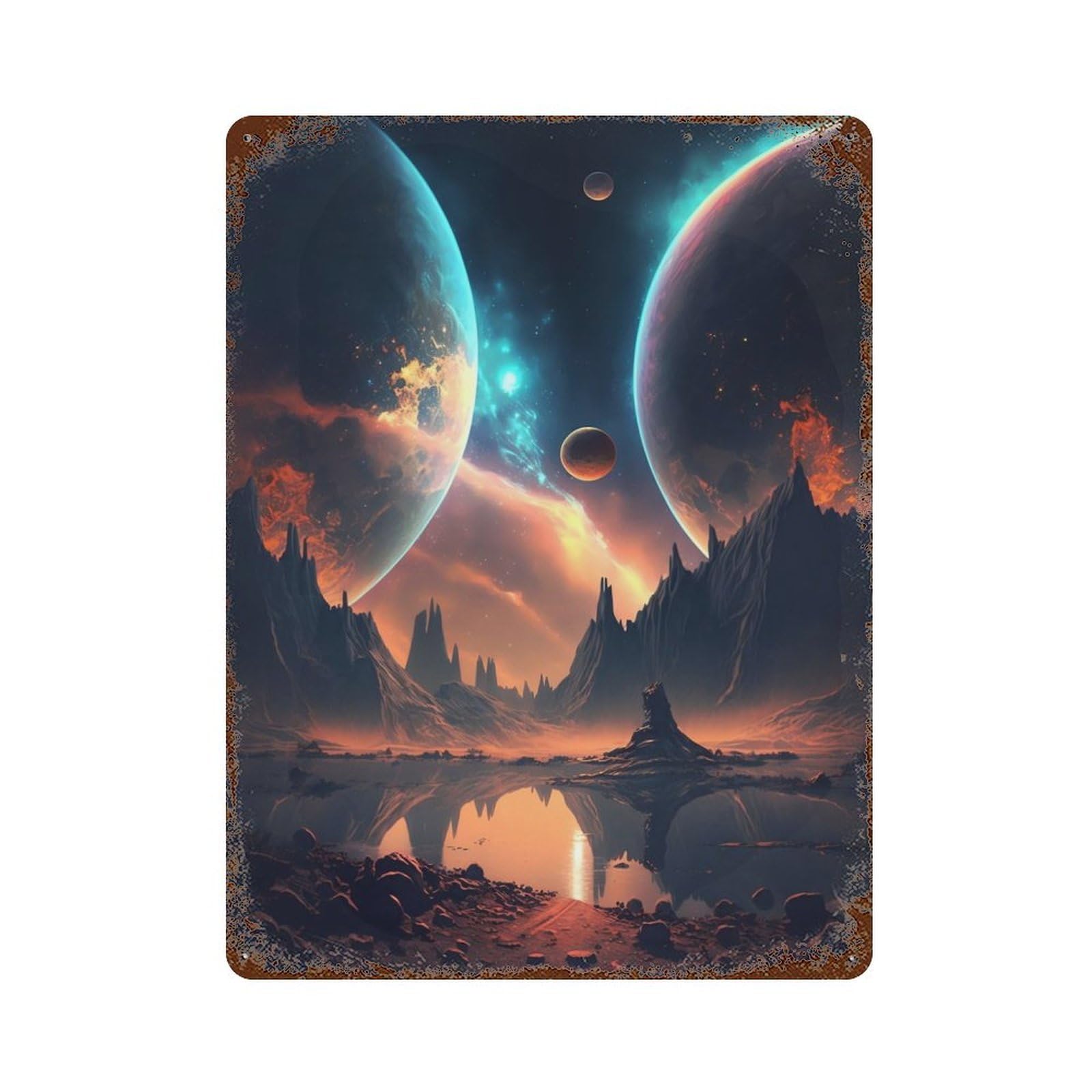 Twin Planets Landscape Vintage Rust Metal Sign 15.7"x11.8", Retro Wall Decor for Garage, Pub Or Kitchen