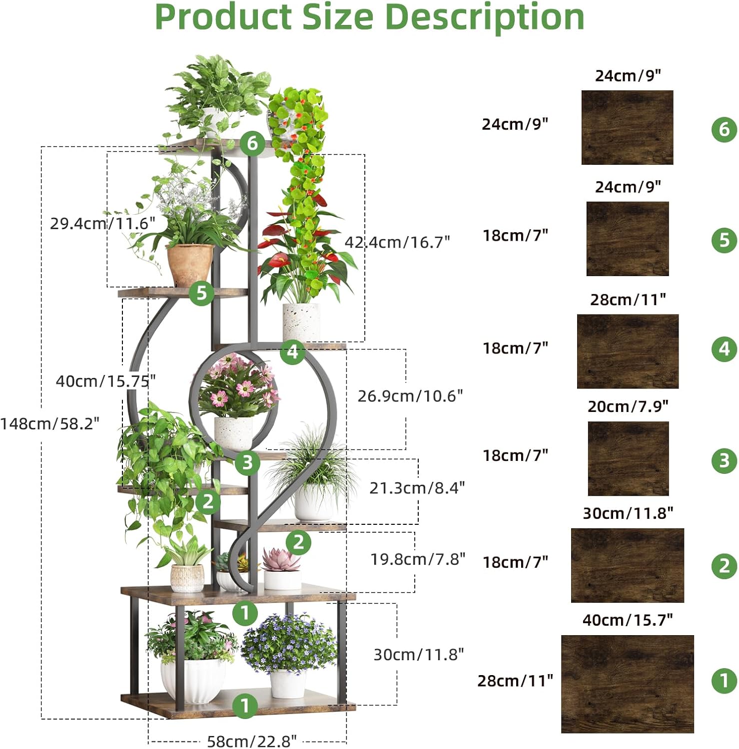 Plant Stand Indoor with Grow Light,8 Tiered Indoor Plant Stand,58" Tall Plant Flower Shelf,Creative Note Shaped Plant Holder for Home,Patio,Brown